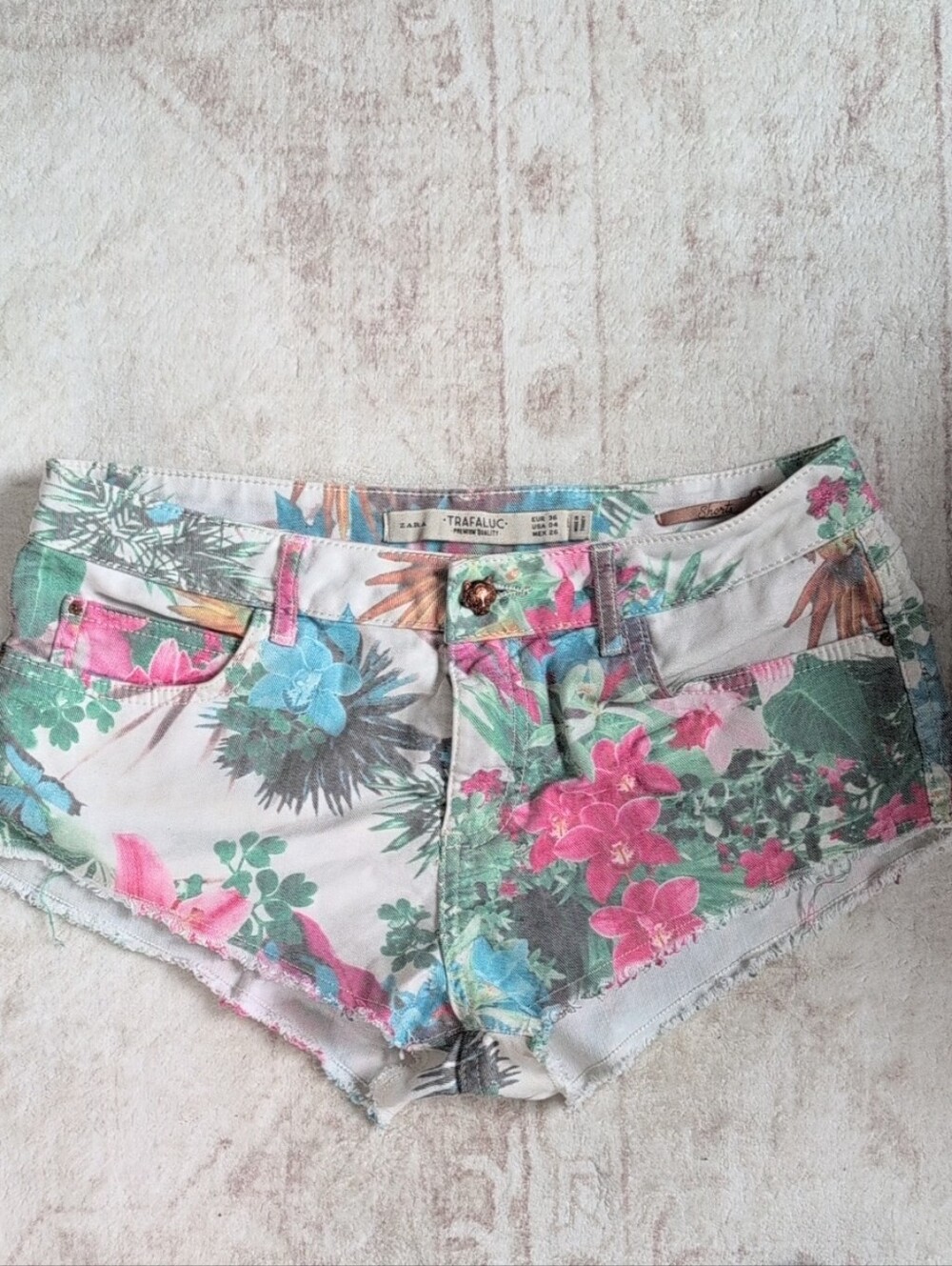 Zara Trafaluc Floral Denim Cutoff Shorts - Pink, Green & Blue